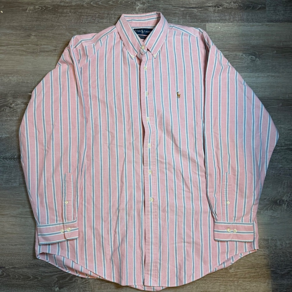 Ralph Lauren Yarmouth Mens 17 34/35 Pink Blue Striped Cotton Oxford Shirt L/S